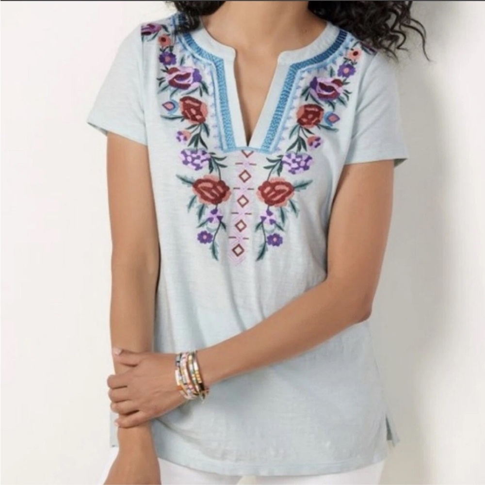 Soft Surroundings Greta Blue Floral Embroidered Short Sleeve Shirt Size MP